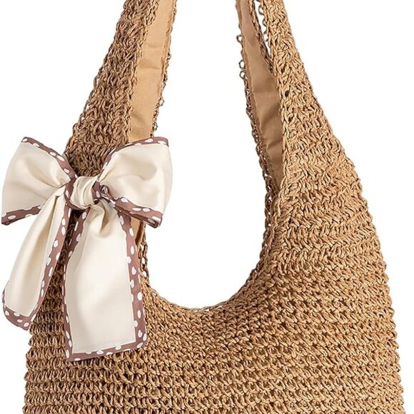 Straw Beach Bag for Women - Handmade Raffia Woven Tote Handbag Summer Mesh Beac